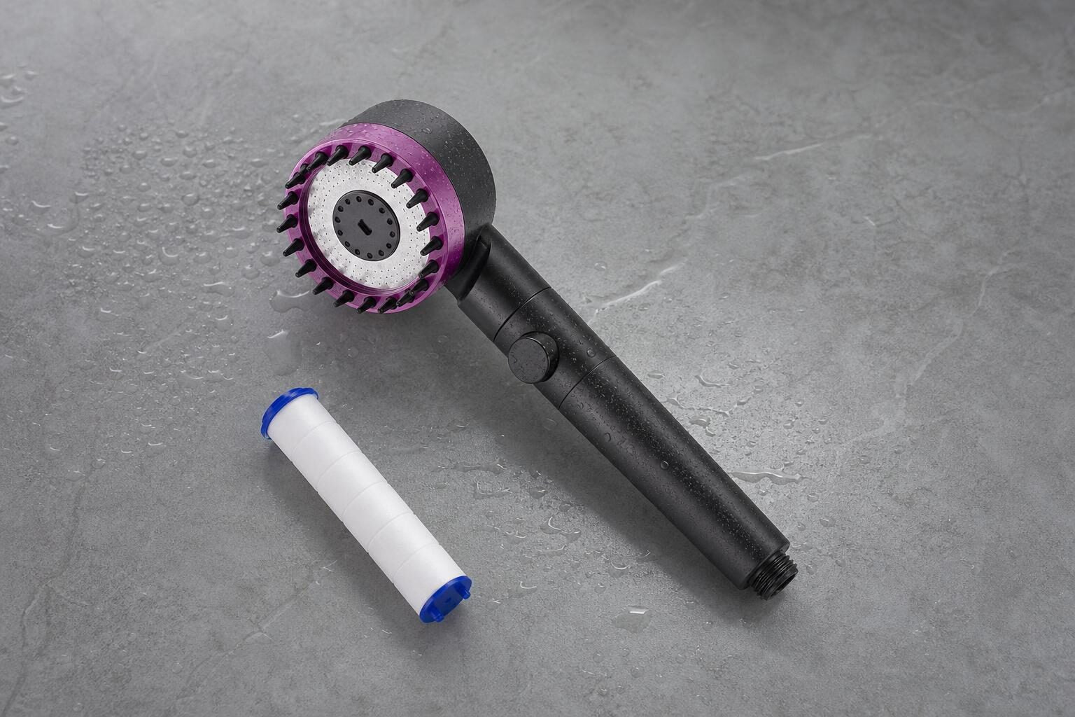 Caveluno shower head on wet stone next to its filter cartridge